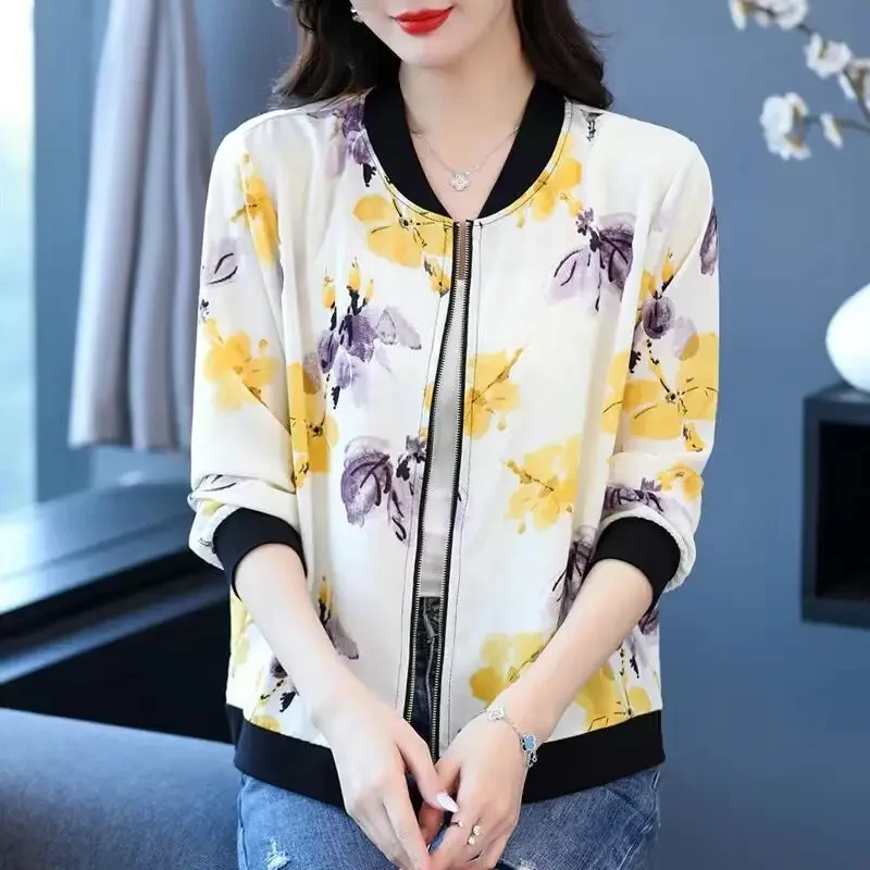 플러스 사이즈 플로럴 아이스 실크 자외선 차단 의류 여성 여름 2025 아우터웨어 패션 오픈 가디건 프린트 루즈 롱 슬리브