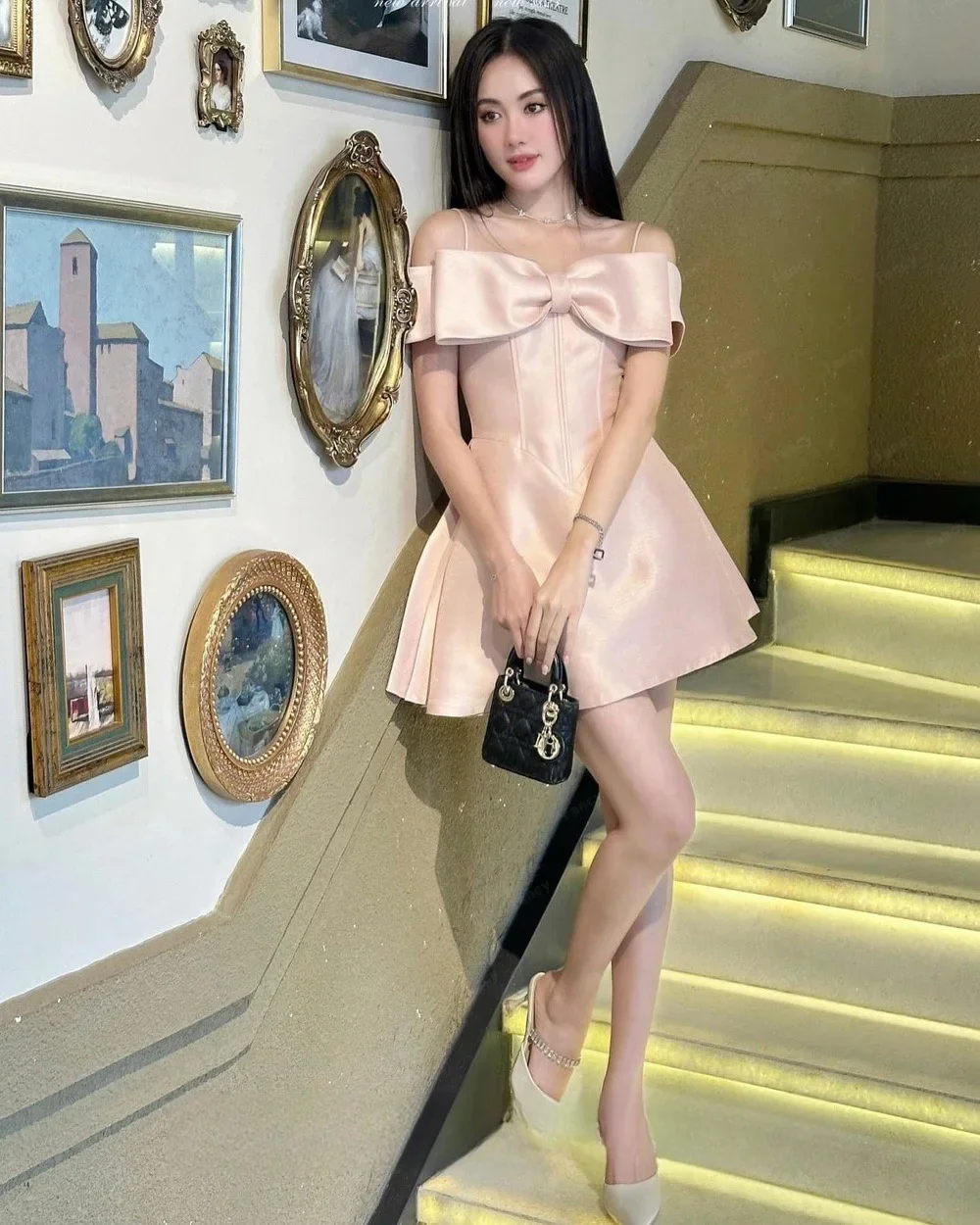 Fashion Short Off the Shoulder Satin Cocktail Dresses Short Sleeves with Bow A Line Above Knee Length Robe De Mari&eacute;e