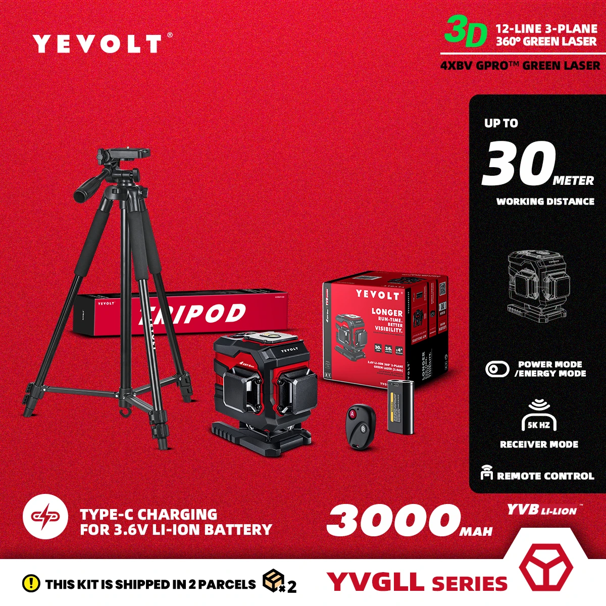 

Лазерный уровень YEVOLT, зеленый, 3 уровня, 12 линий, самовыравнивающийся, 360 3D, штатив, 3,6 В, 3 Ач, электроизмерительные инструменты