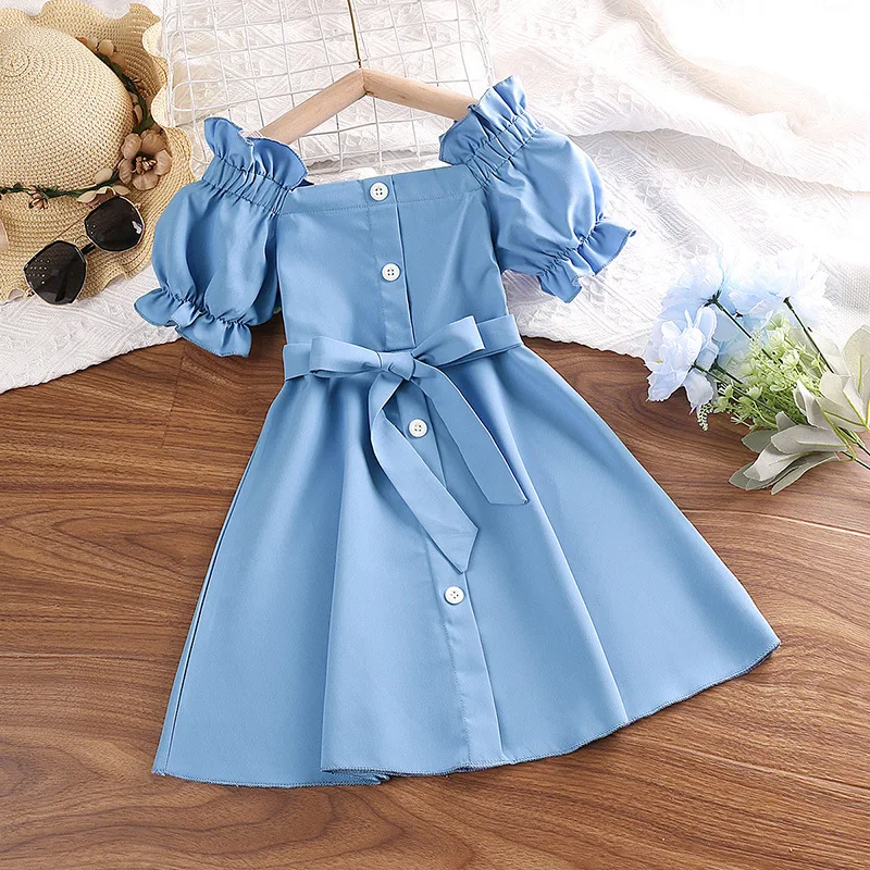 

Summer 2023 New Arrivals Girls Short Sleeve Slash Neck Sashes Ruffles Blue Roupa Infantil Menina Cute Party Dress Custume 4-7T