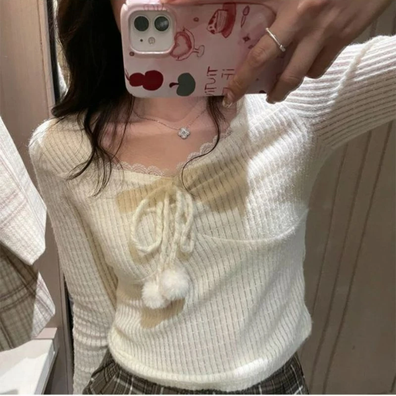 

Белая милая блузка в Корейском стиле, милые топы в студенческом стиле на шнуровке, женские повседневные Элегантные Футболки с длинным рукавом, новинка 2023