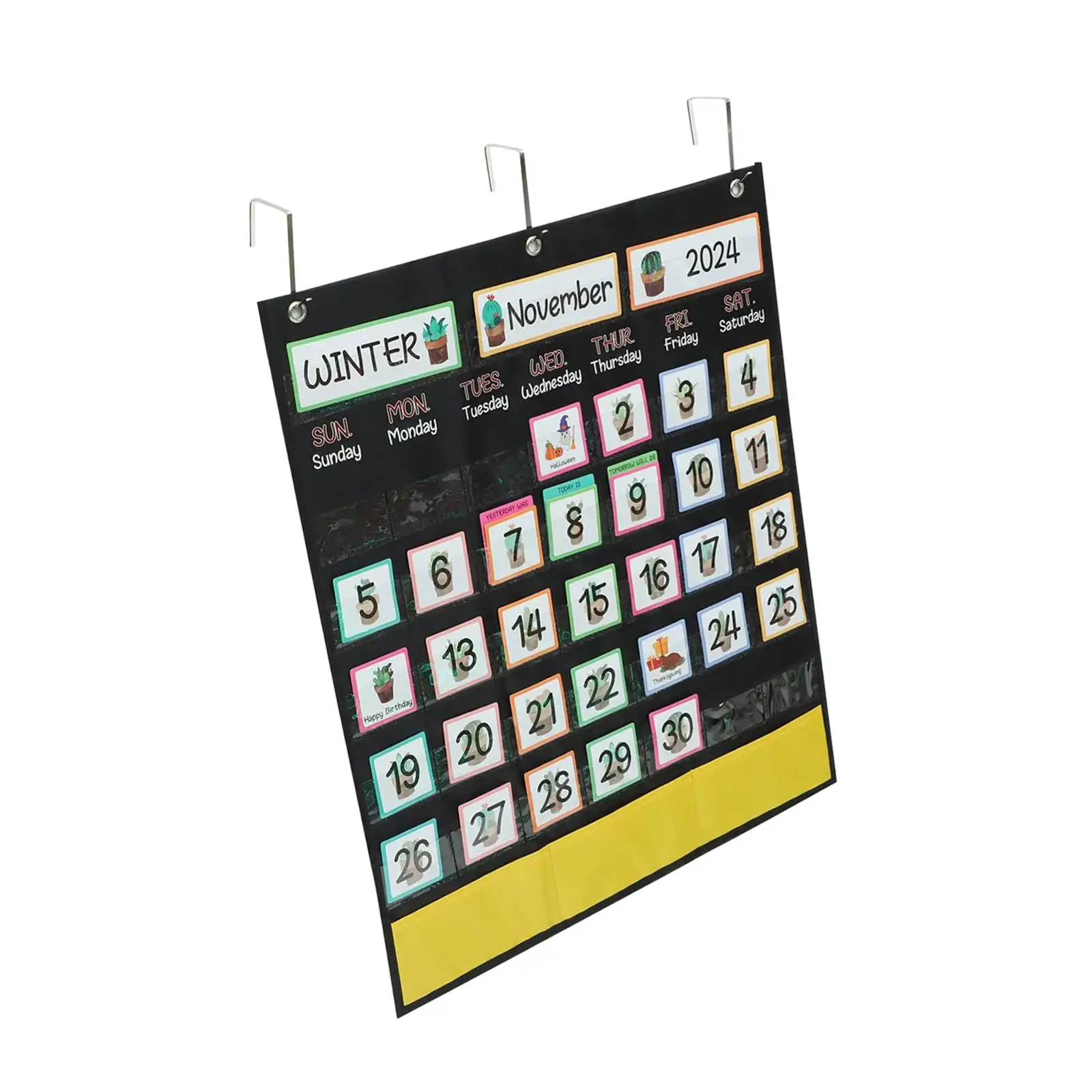 

Calendar Pocket Chart Kids Learning Kindergarten Homeschool Back 20.1"x23.6" with 89 Cards and 3 Hooks Classroom Organized Chart