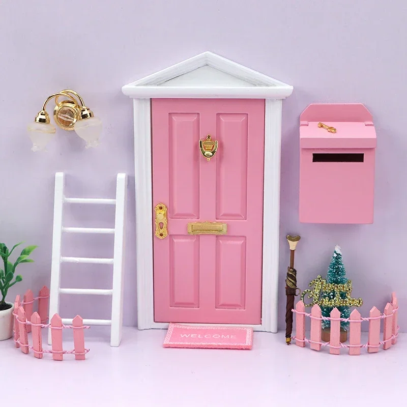 Doll House Elf Door Set Christmas Decor Fake Light String Hat Wreath Mini Tree Gift Boxes Fairy Toy House Miniature Scene Model 2