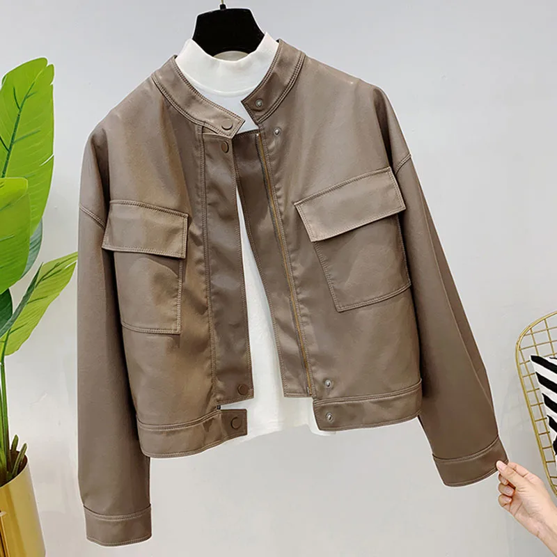 

Корейский Байкерский кожаный пиджак с воротником-стойкой, Женская Повседневная Свободная короткая куртка из мягкой искусственной кожи с большими карманами, весна 2023