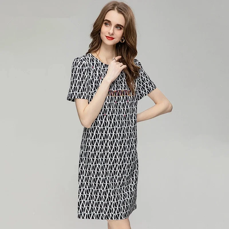 

Fashion Designer Summer Elegant Simplicity Women's O-Neck Short Sleeve Diamond Geometric Print Mini Dress