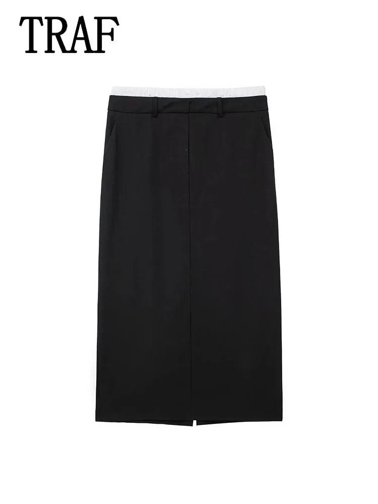 

TRAF Women Print Midi Skirt 2024 Pencil Long Skirts for Women Boxer Pleated Midi Skirt Female Office Women Skirts