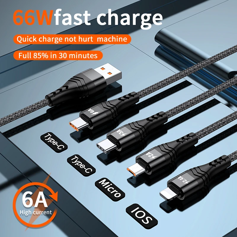 

6A Fast Charging Cable 4in1 Quick Filling Line Apply To The Ip/Type-C/Micro 66W Data Dont Harm The Phone
