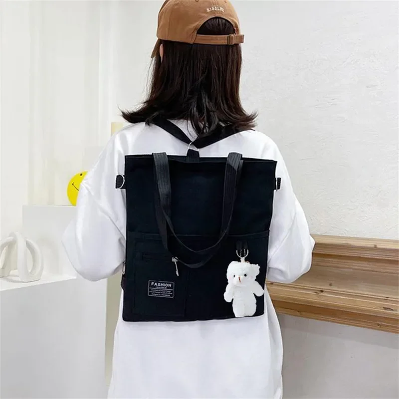Stylish Chic Canvas Tote with Bear Pendant - Trendy Bucket Crossbody & Shoulder Bag