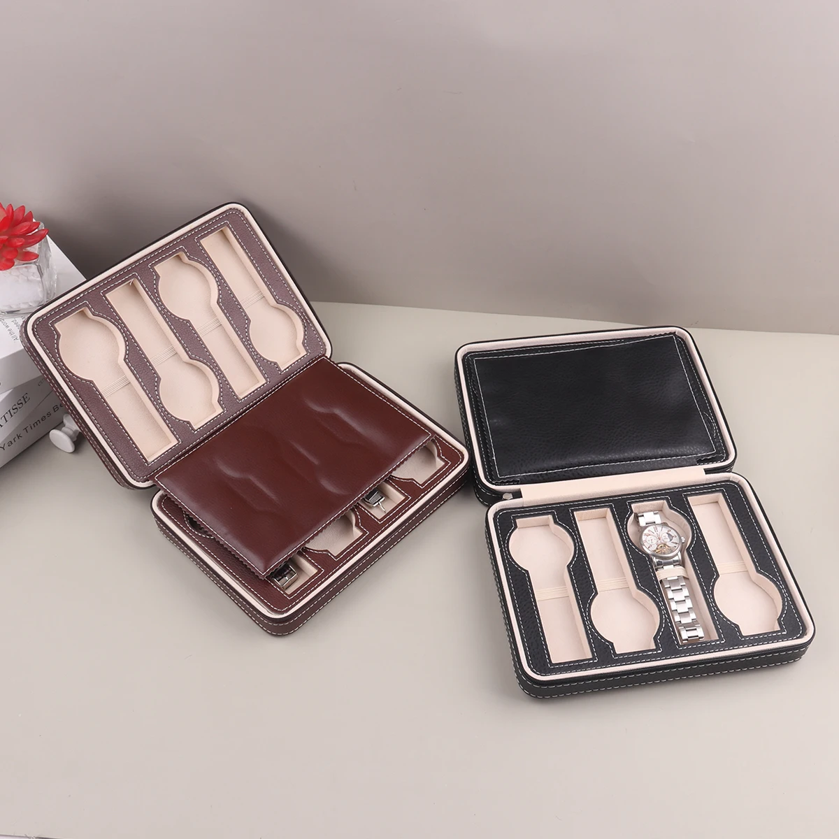 Black/Brown 8 Slot Durable Fashion Zipper Watch Bag PU Leather Portable Travel Watch Jewelry Storage Bag