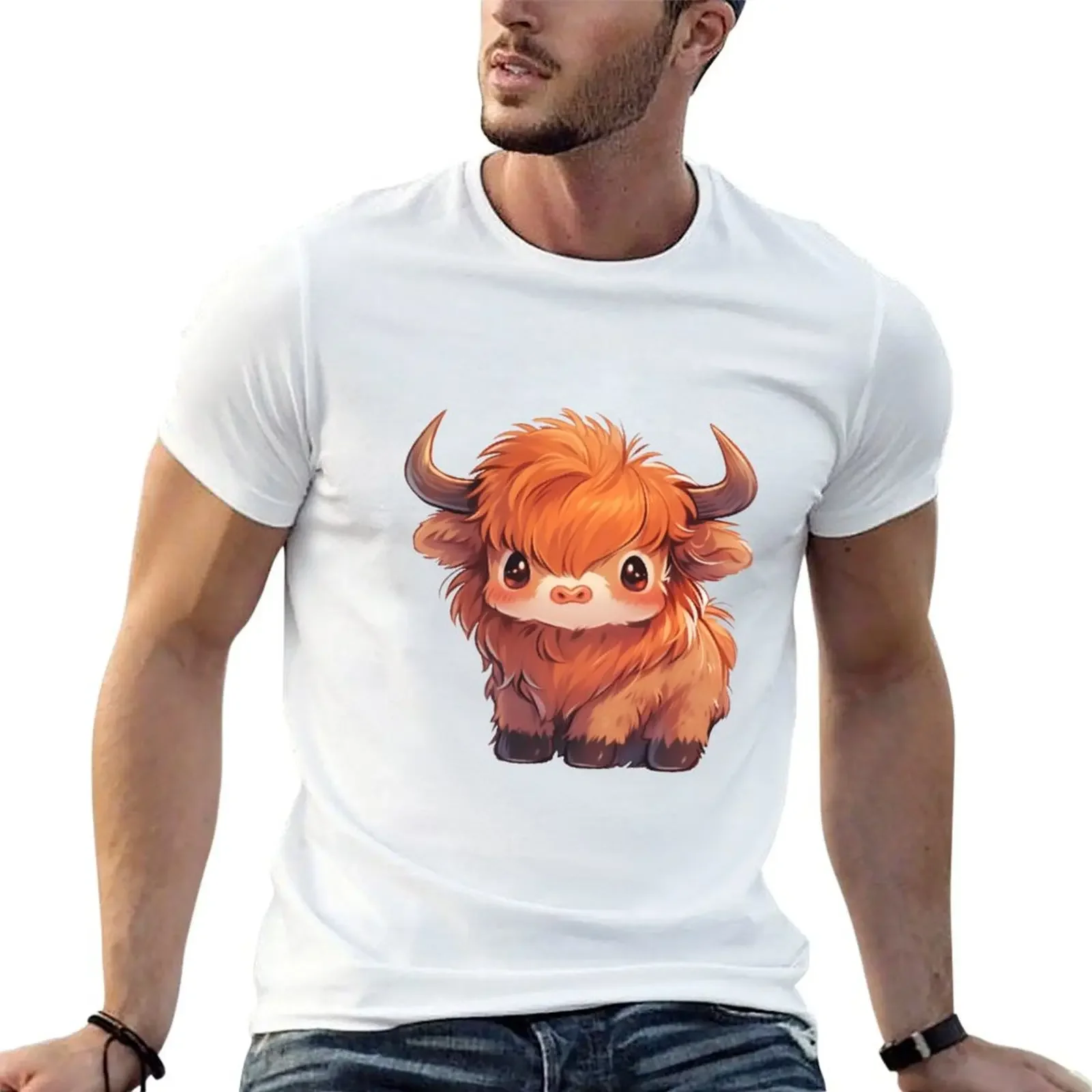 Cute Kawaii Scottish Hairy Baby Highland Cow T-shirt new edition oversized men clothes