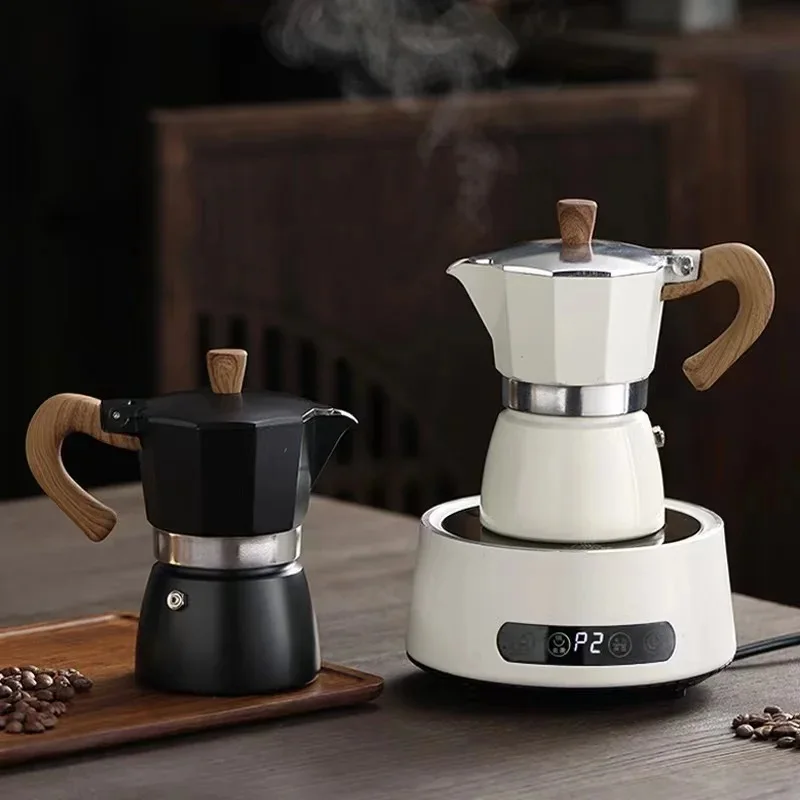 Ocak Üstü Espresso Kahve Makinesi Alüminyum 6 Fincan Kapasiteli Moka Kahve Potu İndüksiyonlu Ahşap Saplı