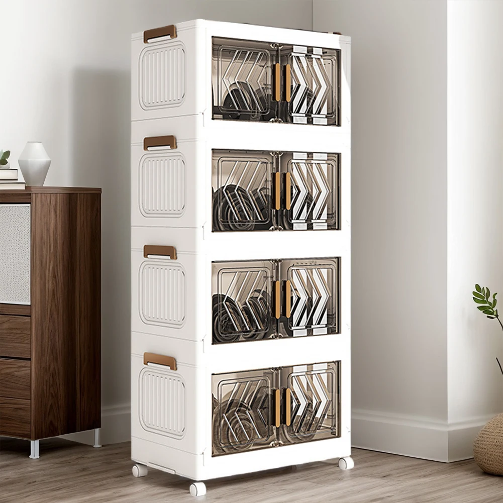 4 Tier Plastic Storage Containers with Doors & Wheels Foldable Organization Folding Storage Boxes for Living Room Bedroom Office 3