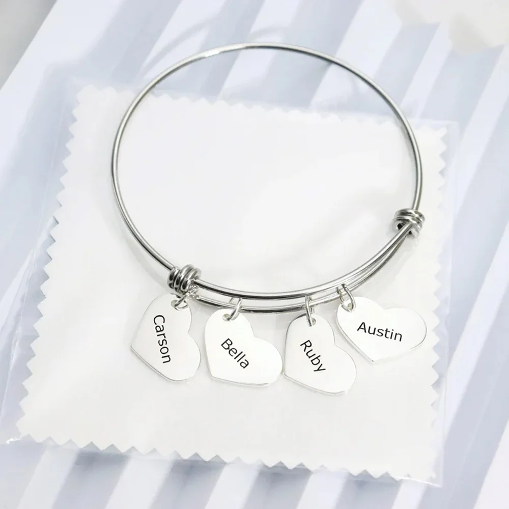 

Personality Custom Engraving Name Bangle Stainless Steel Women Heart Charms Adjustable Bangle Jewelry Gift Jonc Acier Inoxydable