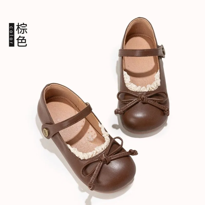 Autumn New Children Elegant Lace Leather Shoes for Girl Princess French Style Sweet Bowtie Fashion Retro Soft Anti-slippery