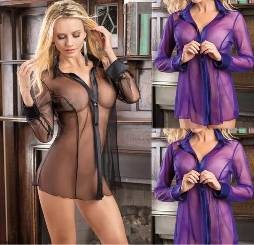 Sexy Women Button Lingerie Dress Transparent Clubwear Stripper Long Sleeve Blouse Love Live Cosplay
