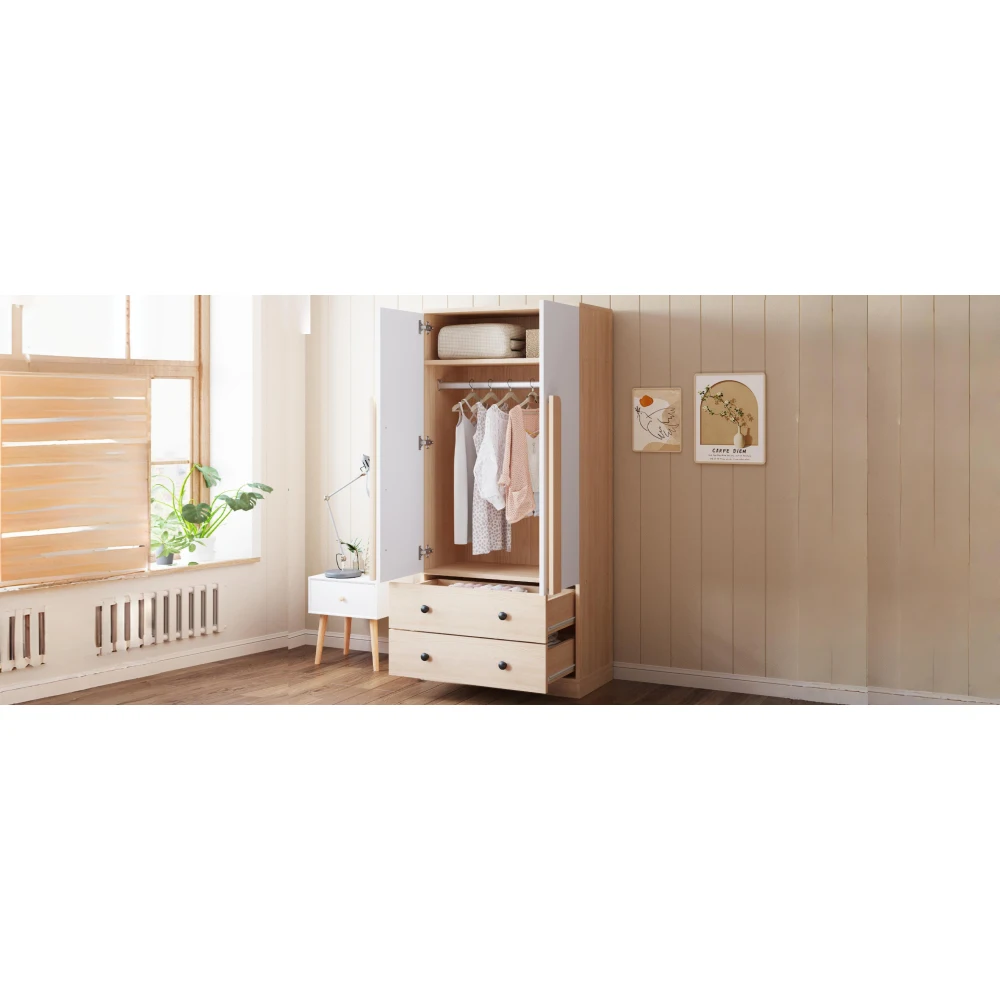 70*40*170cm Moderner Kleiderschrank, mit Schubladen und Ablagefächern, Doppeltür-Design, Kleiderschrank-Schlafzimmermöbel, Holz + Weiß – Detail 16