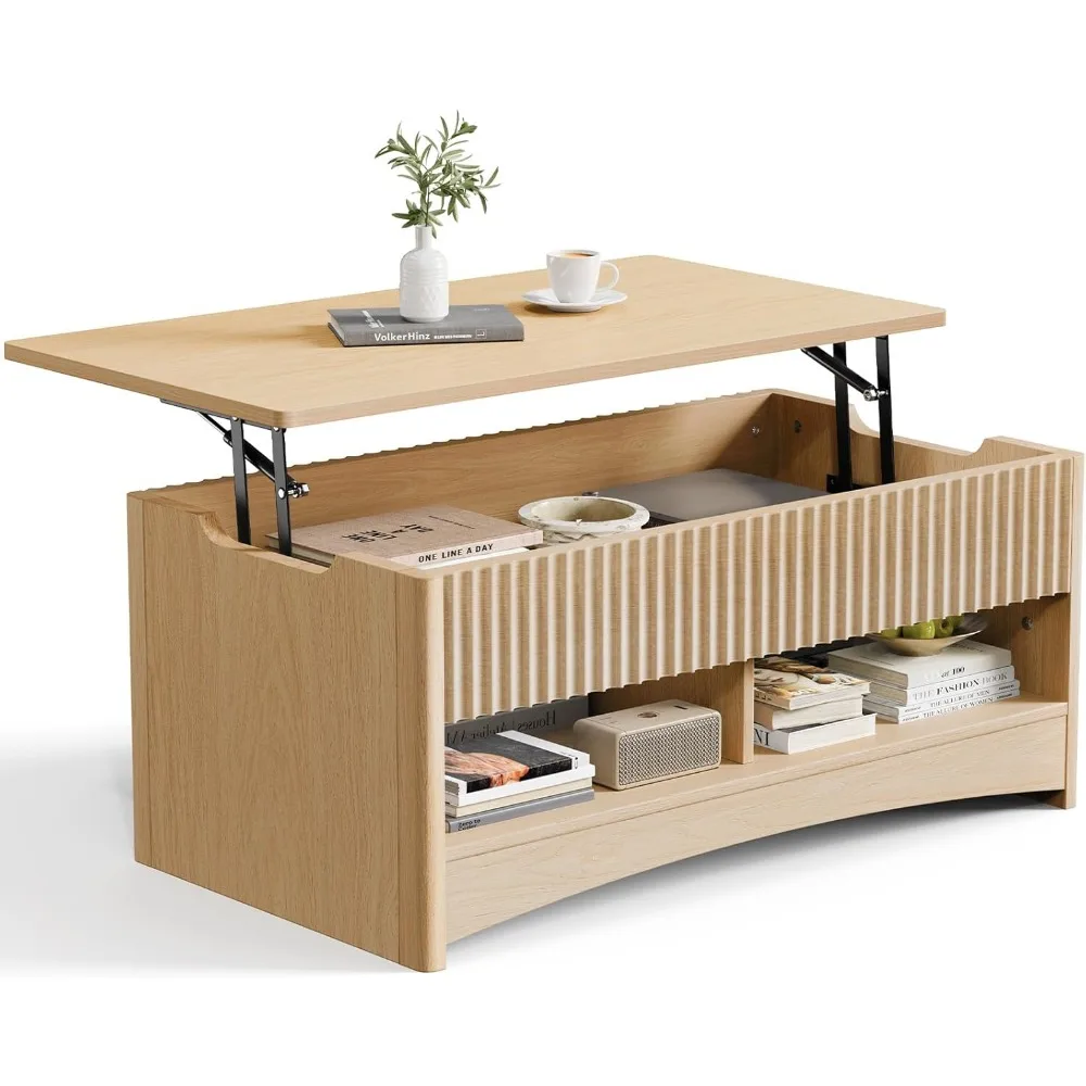 Amada Coffee Table Fluted Lift Top, 35.2" Wood Table with Storage Shelf ...