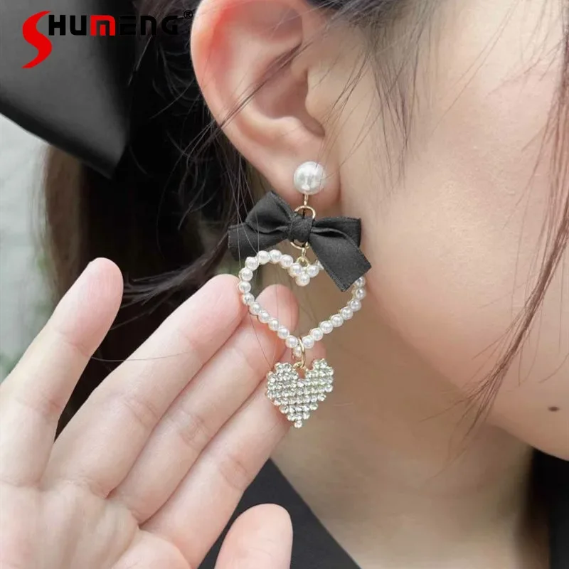 Sweet Bow Heart Shape Rhinestone Ear Clip Lady Hand-Made Pearl 925 Silver Pin Earrings Needle Women's Accessories 2023