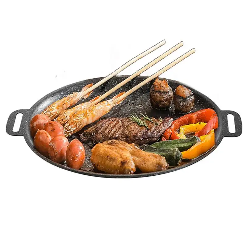 BBQ Grill Pan Korean Round Pots Outdoor Camping Bakeware Tray Thick Cast Iron Barbecue Frying Pan Kitchen Non-stick Cooker kitchen utensils camping cookware camping cookware set bbq grill pan