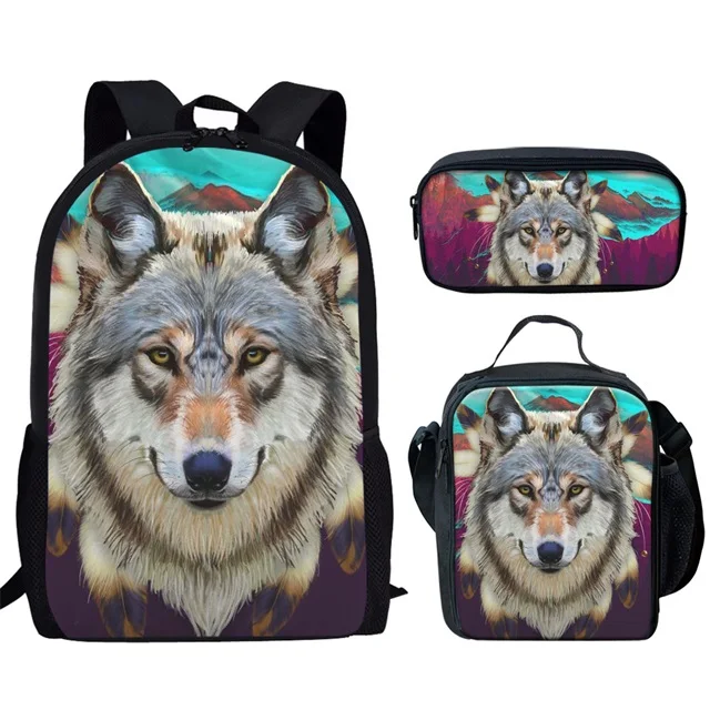 Classic Creative Moon Wolf Funny Moon Wolf 3D Print 3pcs/Set pupil School Bags Laptop Daypack Backpack Lunch bag Pencil Case