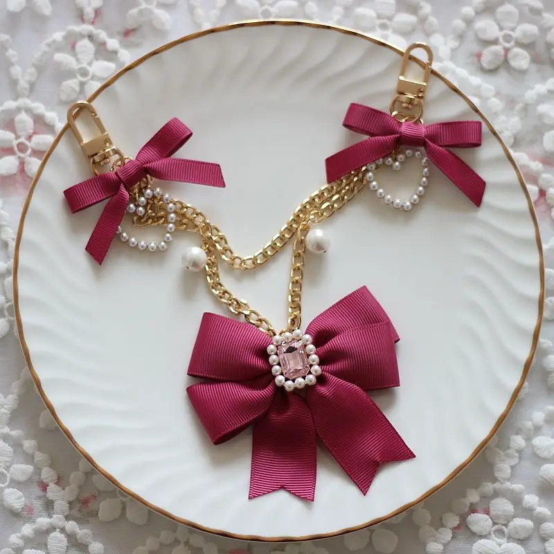 Japanese Style Liz Bow Ribbon Pearl Shiny Bag Charms Cute Girl Super Fairy Handbag Pendant Rhinestone Bag Accessories