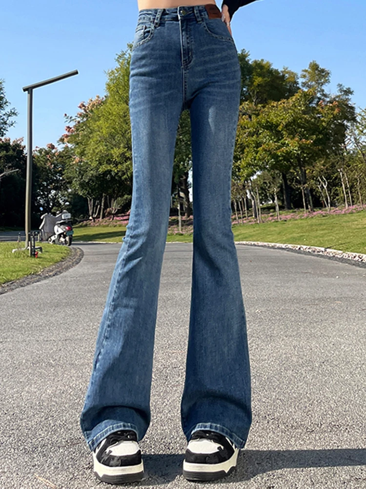 여성용 빈티지 하이 웨이스트 벨 바텀 청바지, 여성용 스키니 마이크로 플레어 팬츠, 레트로 블루 블랙, 오버사이즈 부츠 컷 바지