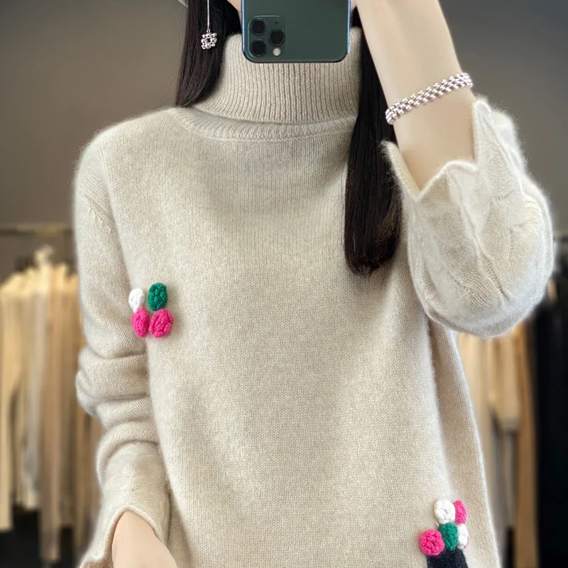 women's-pullover-autumn-winter-100-wool-sweater-casual-thickened-knitwear-turtleneck-ladies-tops-loose-blouse-flowers