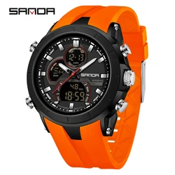 SANDA Sports Digital Quartz Watch for Men - Dual Display, Large Dial, Waterproof, Luminous Calendar (Orange)