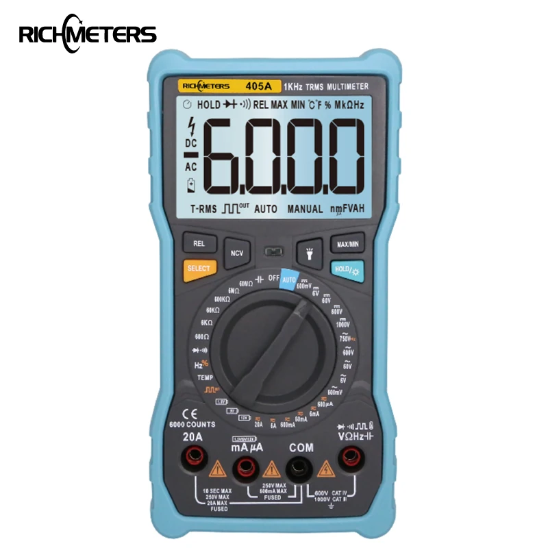

RICHMETERS 405A True-RMS 20A Digital Multimeter 6000 Counts AC/DC Voltage Current Ohm Temperature Auto/Manual Square Wave