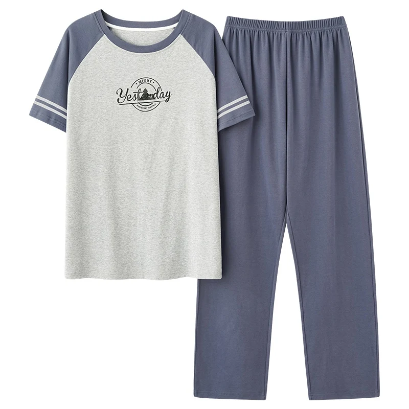 Plus Size Casual Plaid Short Sleeve Long Pants Cotton Pajama Sets for Men Spring Summer Korean Sleepwear Pyjama Homewear Clothes mens brushed cotton pyjamas Pajama Sets