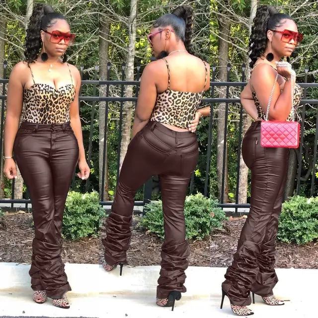 Black Stacked Pants 2022 Spring Women Fashion Push Up High Waist Big Size  Pu Leather Trousers Lady Casual Skinny Flare Leg Pants - Pants u0026 Capris -  AliExpress
