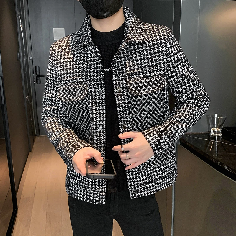 

2023 Brand Clothing Men Autumn Winter Warm Fashion Plaid Woolen Cloth Jackets/Male Slim Fit Casual Short Woolen Coats Size 3XL
