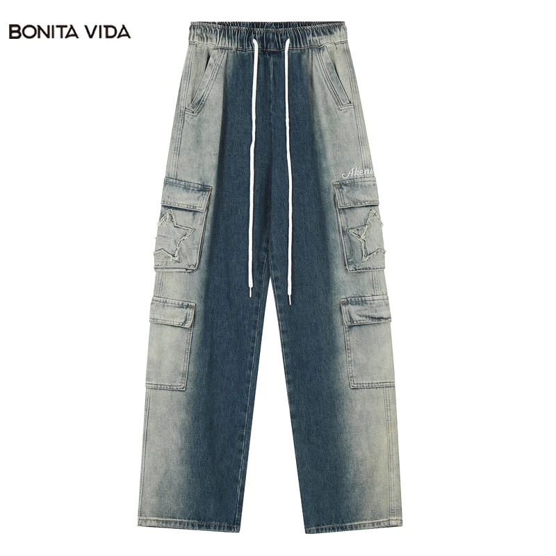 

Gradient Dyed Jeans Mens High Street Drawstring Elastic Waist Denim Pants Multi Pocket Loose Hip Hop Cotton Wide Leg Pants