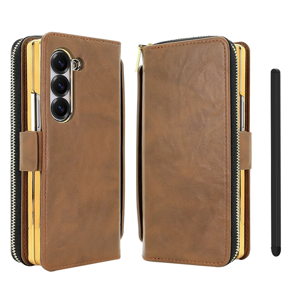 Faux Leather Flip RFID Wallet Phone Case with Hand Grip, Credit Card Slots, Magnetic Clasp, and Stylus