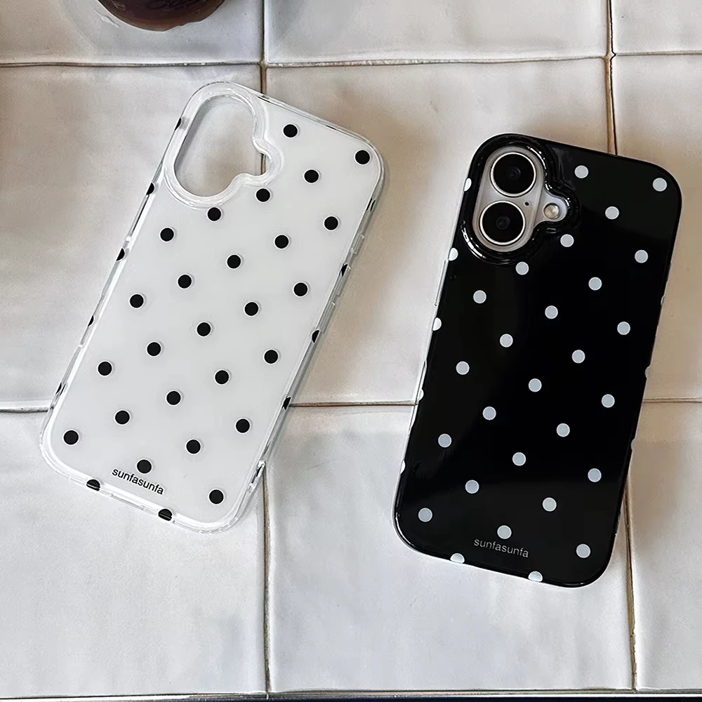 Elegant Black & White Polka Dot Phone Case with Feather Texture Back