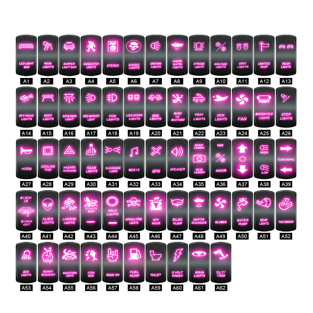 

PSEQT Customize Car 62 Styles Rocker Switch Waterproof SPST DPDT 12V 20A 24V 10A Button On/Off with 2 Led Purple Light