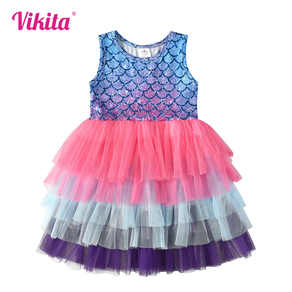 

VIKITA Girls Sleeveless Summer Dress Kids Mermaid Print Birthday Party Performance Elegant Dresses Kids Layered Mesh Tutu Dress