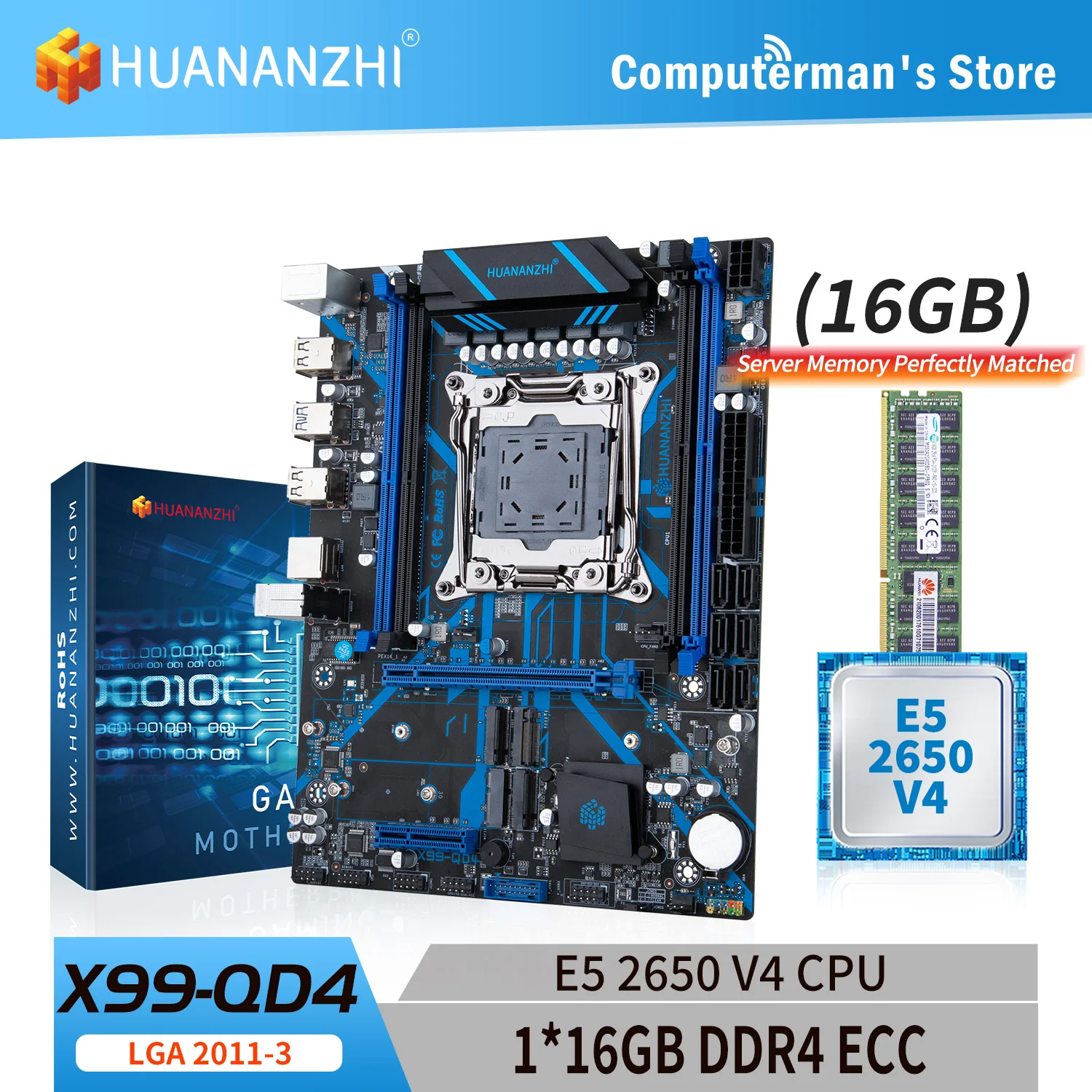 

Комплект материнской платы HUANANZHI X99 QD4 LGA 2011-3, комплект с ЦП Intel XEON E5 2650 V4 с памятью 1*16 Гб DDR4 RECC, поддержка M.2