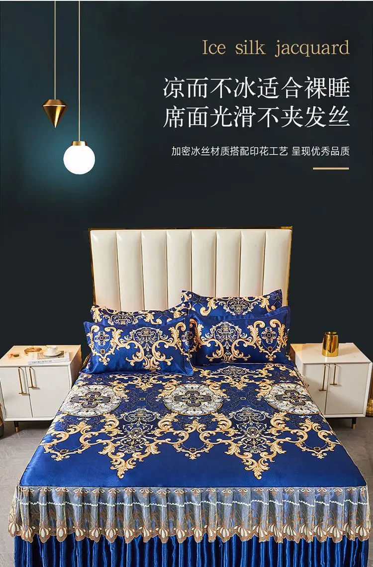 Description Picture 4 of item3Pcs/Lot Double Bed Sheet Set Classic Lace Royal Blue Bed Sheet Bed Skirt, Machine Washable Wedding Bedspread Mattress Cover
