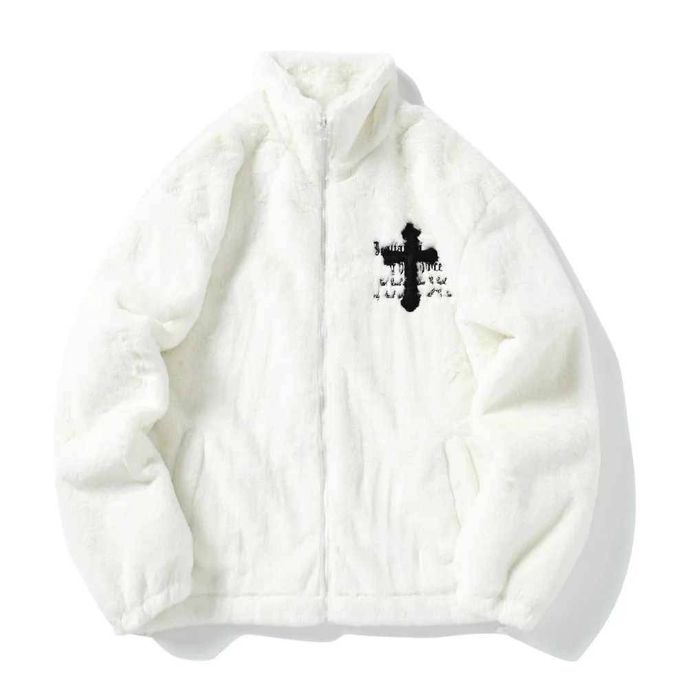Fleece Jacket Hip Hop Cross Letters Winter Casual Streetwear Zip Up Outerwear Hooded Sweatshirt