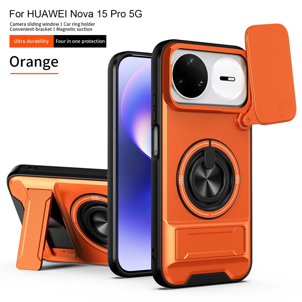 Enhanced Armor Case with Car Magnetic Holder, Ring Stand & Slide Lens Protector - Durable Back Cover