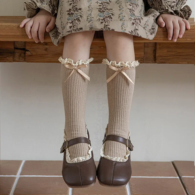 Kids Lace White Socks for Girls Retro Lace Ruffle Bow Calf Socks for Children Spring Autumn Soft Cotton Lolita School Stockings