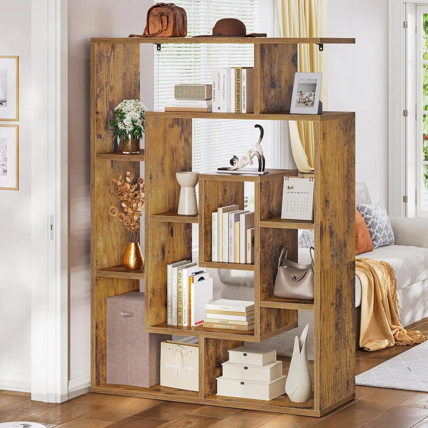 Bookshelf, Bookcase with Open Display Storage Shelves, Display Shelf, Multi-Layer Wood Bookshelf, Geometric Book Shelf