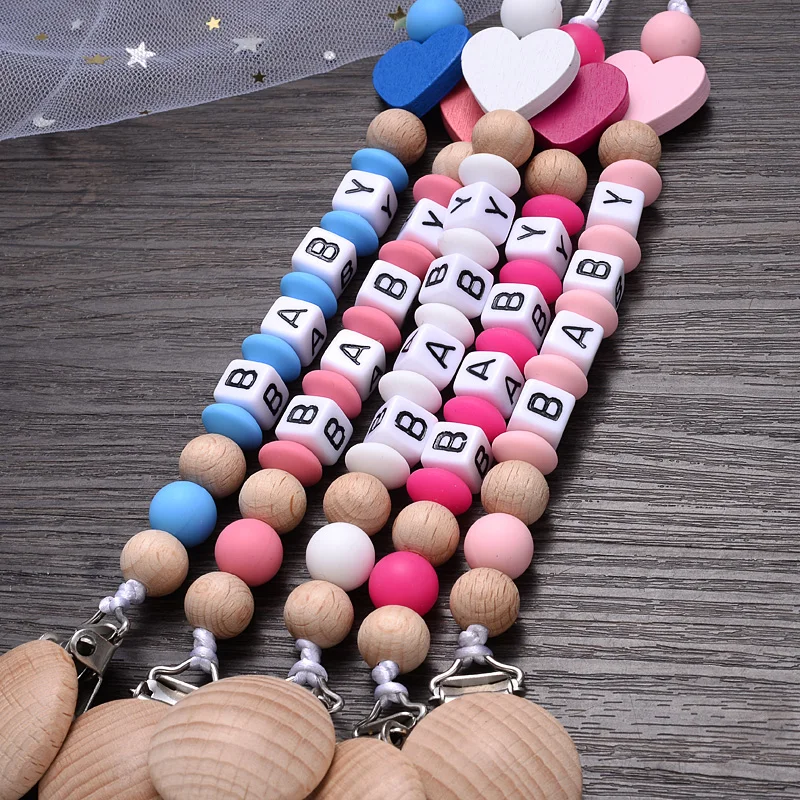 Wooden Teether Silicone Beads Teething Chain Beech Wood Pacifier Clip Baby Chew Toy wooden teether