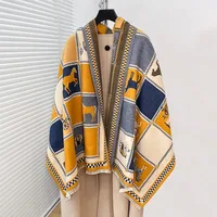 Luxury Horse Print Cashmere Poncho - Women Winter Warm Shawl Wraps, Thick Pashmina Blanket Scarf for Travel - Image 2