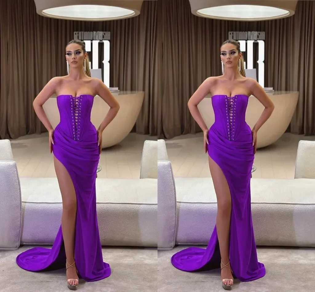 

New Luxury Sexy Mermaid Prom Party Dresses Strapless bind High Side Split Formal Birthday Pageant Celebrity Evening Dresses