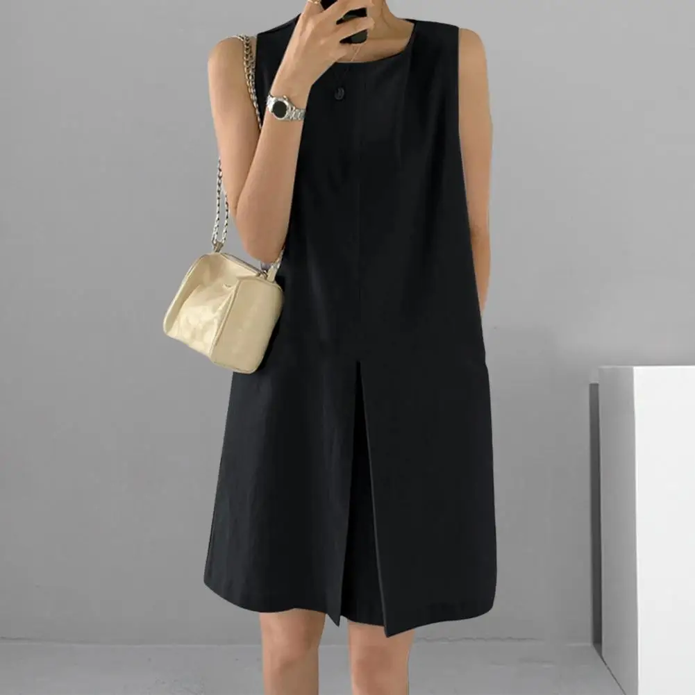 

A-line Casual Sundress Women Solid Color Mini Dress Summer Sleeveless Women's Tank Dress with O-neck Front Split for Summer