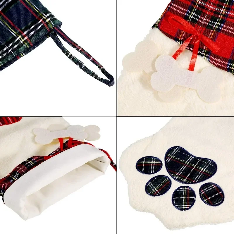 New Year Decorations Christmas Socks alo Plaid Pet Stockings for Cats and Dogs Paw Pattern Hanging Pendant Toy Doll Gifts