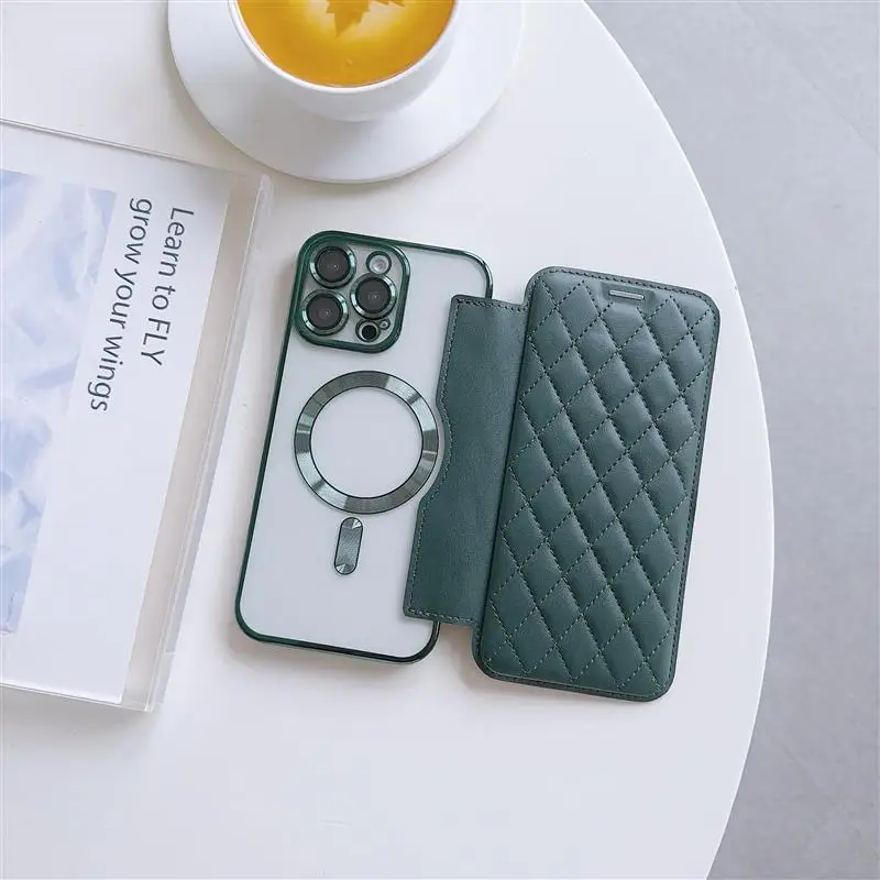 Elegant Lattice Leather Wallet Flip Case with Magsafe Wireless Charging Compatibility