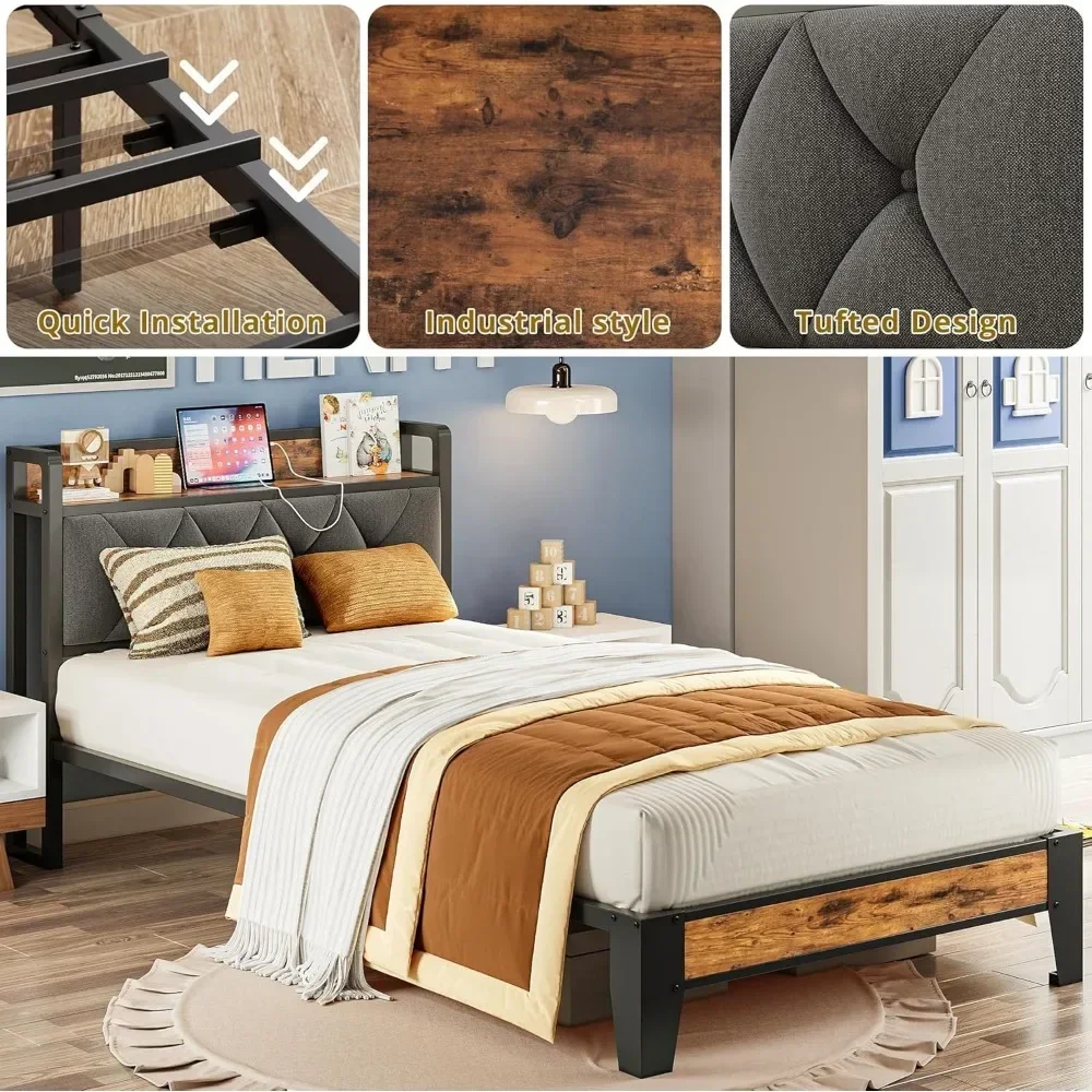 Twin XL Size Bed Frame, Storage Headboard with Outlets, Sturdy and Stable, Easy To Install, No Noise, Bed Frame 4